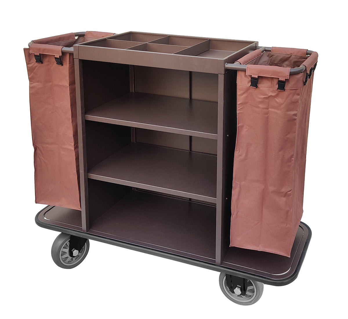 Dolphy Integrated Waste Bin Housekeeping Trolley Cart 140x50x121 cm β Brown Cleaning Service Trolley with Storage Shelves & Wheels for Hotels, Offices, and Commercial Use