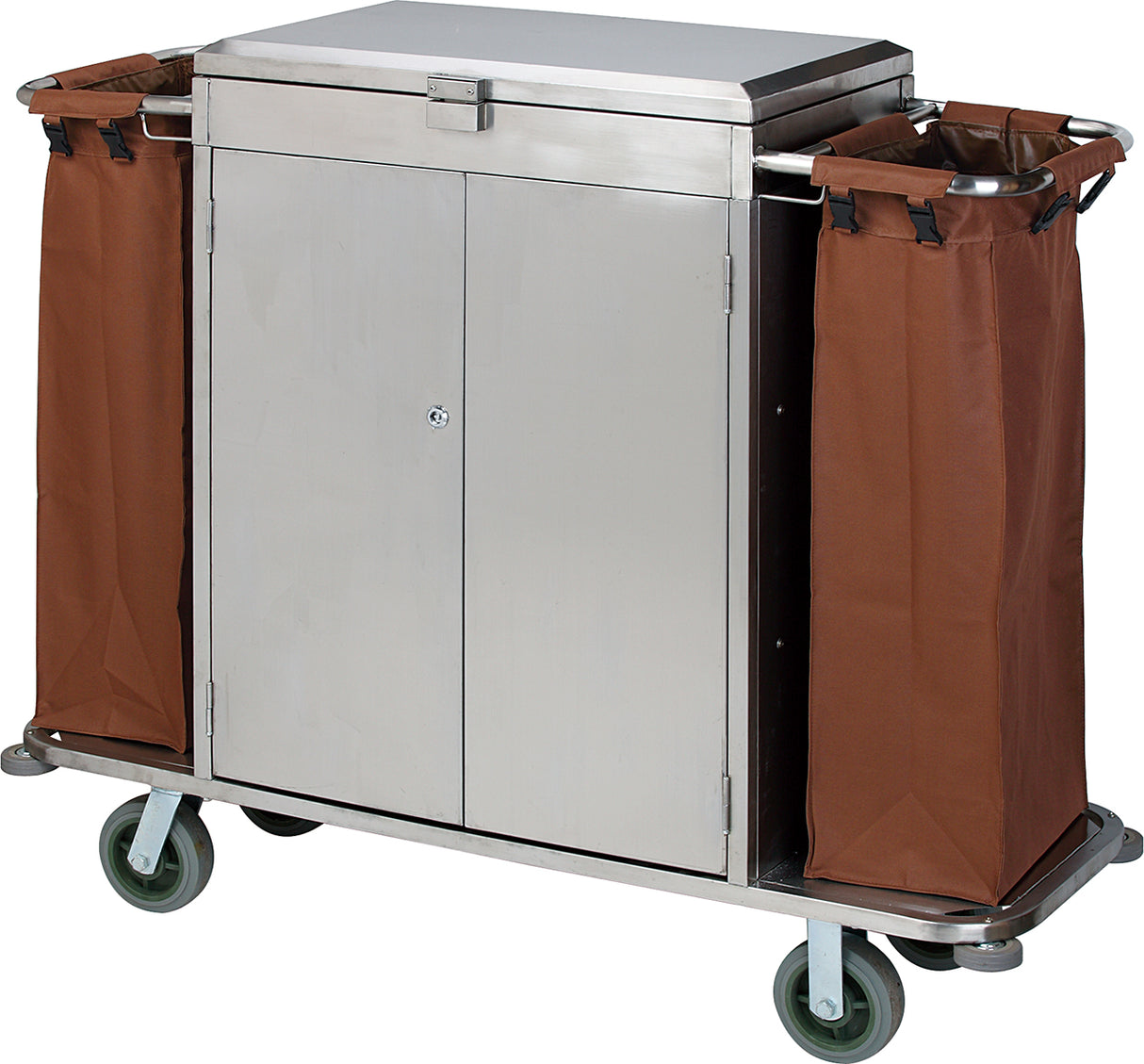 Dolphy Stainless Steel Housekeeping Trolley 140x45x106 cm – Brown Hotel Cleaning Cart with Lockable Cabinet, Side Bags & Heavy-Duty Wheels