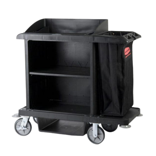 Dolphy Polypropylene Plastic Housekeeping Cart 1205x549x1216 mm – Black Cleaning Trolley with Zippered Laundry Bag, Open Storage, and Detachable Wheels
