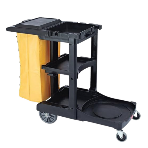 Dolphy 3-Shelf Plastic and Vinyl Housekeeping Trolley 124x55x100 cm – Black/Yellow Utility Cart with Zippered Laundry Bag and Detachable Design
