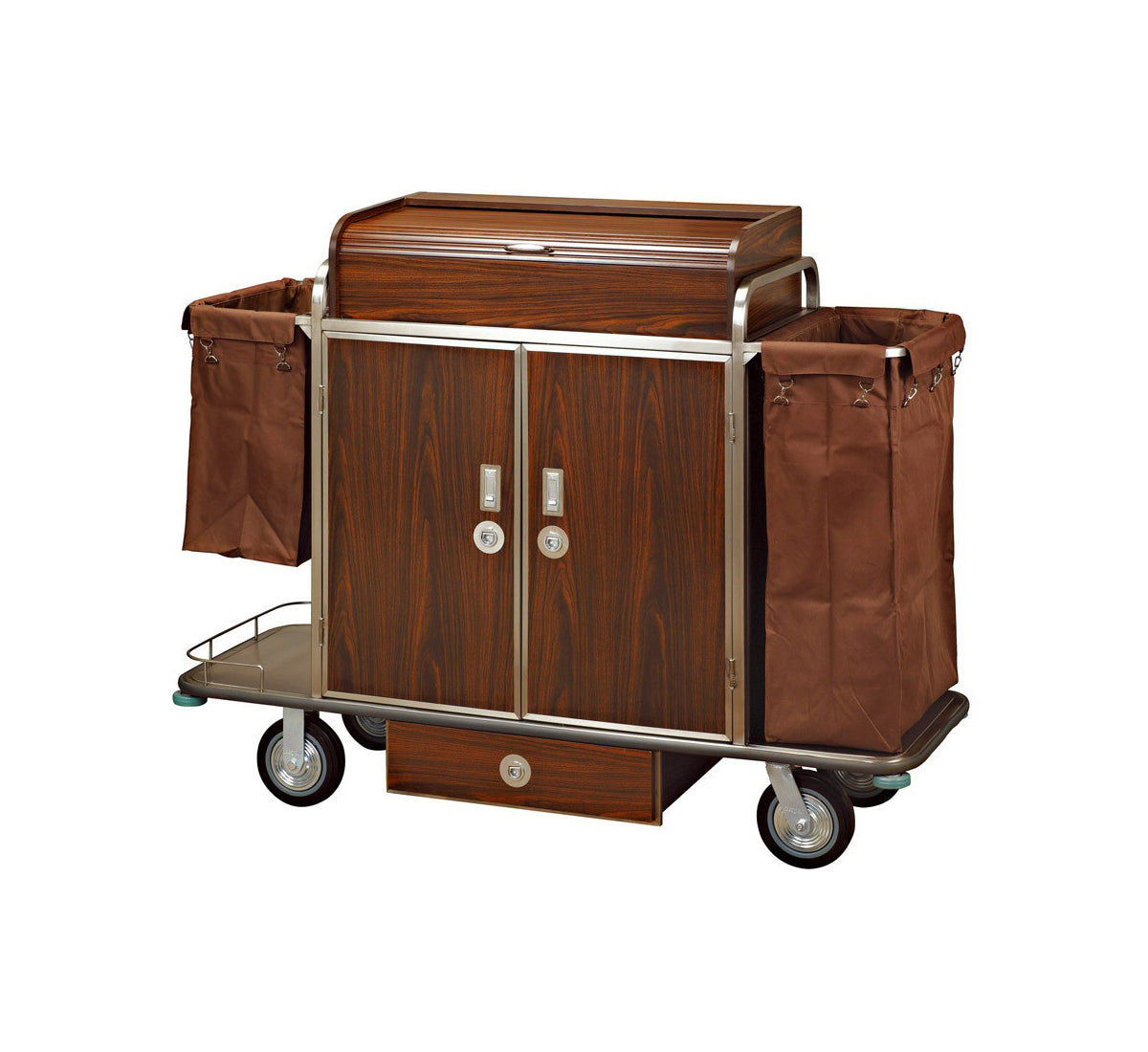 Dolphy Premium Wooden and Stainless Steel Hotel Linen Housekeeping Cart – 1456x476x1275mm, Brown Finish, Spacious Multi-Compartment Design for Efficient Room Service in Hotels and Commercial Facilities