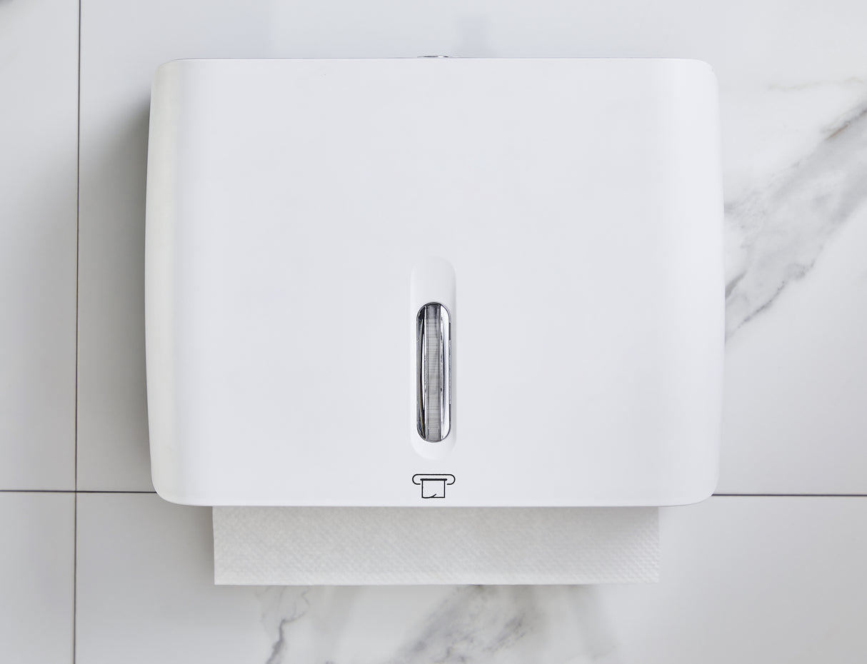 Dolphy Horizontal Slim ABS Paper Towel Dispenser – White, Lockable Wall Mount for Multi-Format Towels