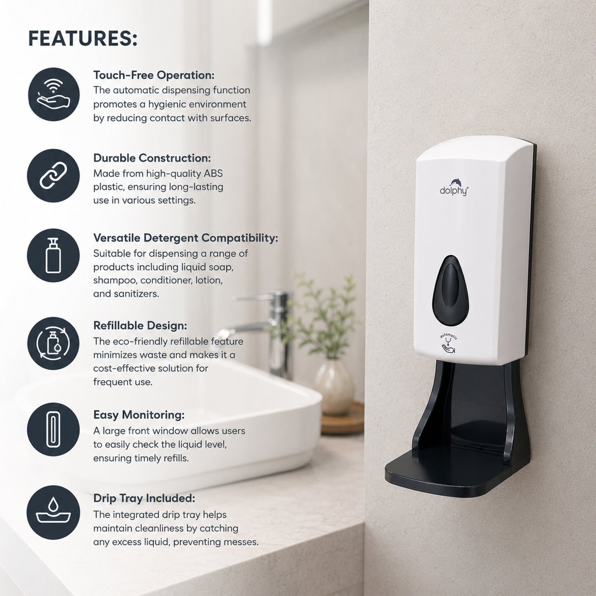 Dolphy Automatic Soap & Sanitiser Dispenser with Drip Tray 1000ml – White ABS, Touch-Free Infrared Sensor, Refillable & Hygienic Design for Commercial & Residential Use