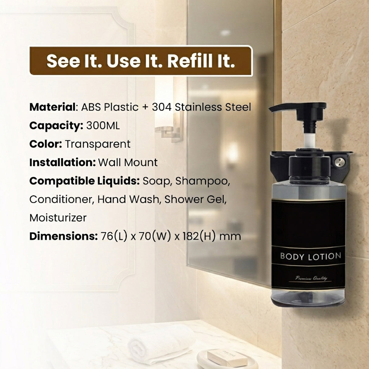 Dolphy 300ml Transparent Manual Soap Dispenser – Clear Black ABS & Steel Wall Mount Pump for Bathroom, Kitchen & Office Use