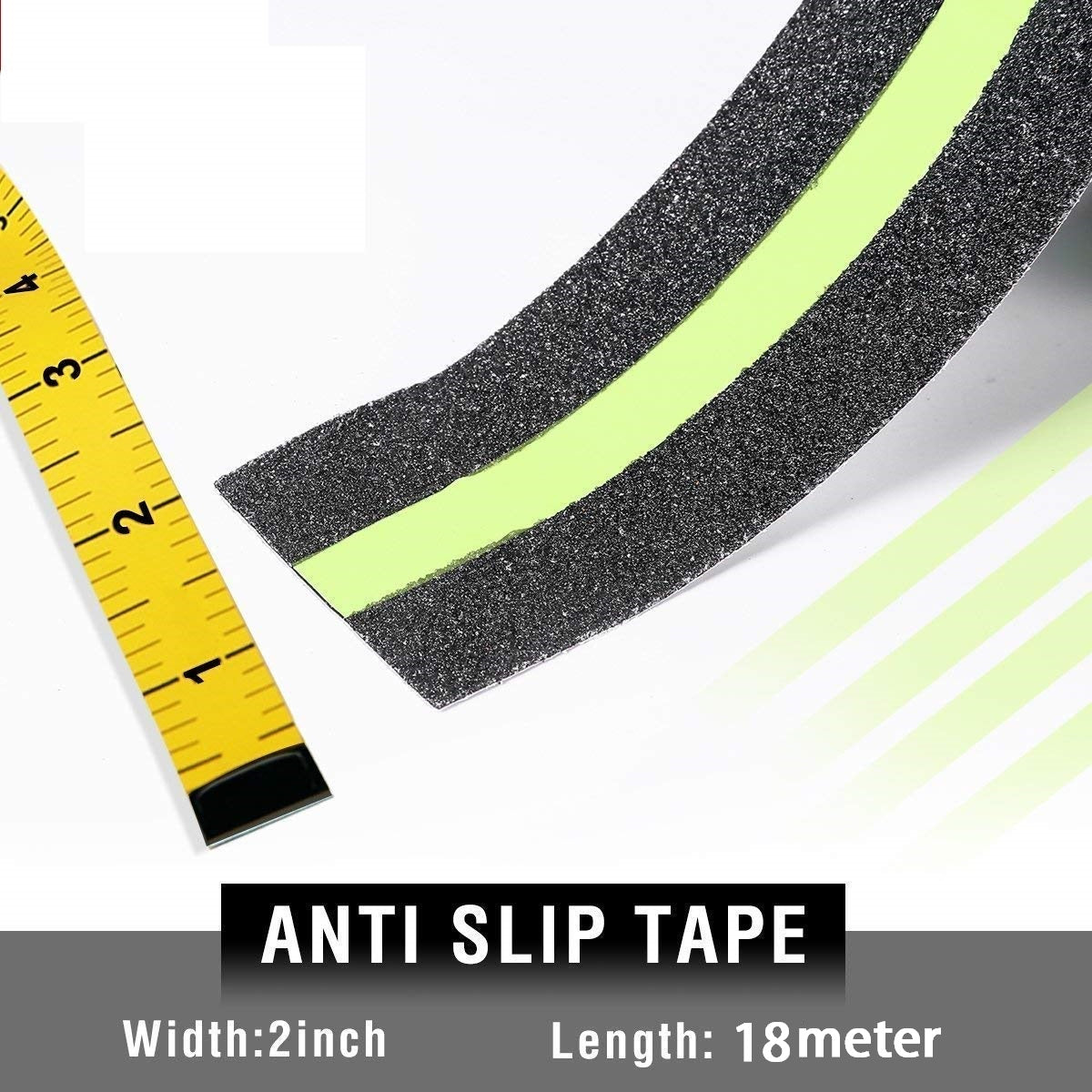 Dolphy Anti-Skid Safety Tape 50mm x 18m – Black with Glow-in-the-Dark Stripe, 60-Grit Slip-Resistant Surface, Water & Chemical Resistant for Indoor & Outdoor High-Traffic Safety