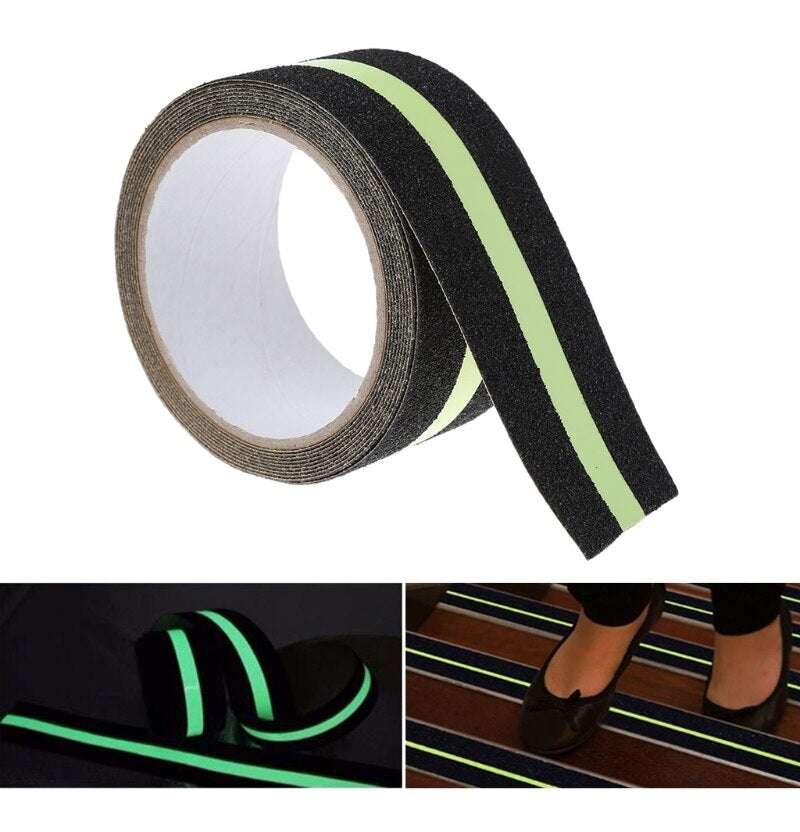 Dolphy Anti-Skid Safety Tape 50mm x 18m – Black with Glow-in-the-Dark Stripe, 60-Grit Slip-Resistant Surface, Water & Chemical Resistant for Indoor & Outdoor High-Traffic Safety