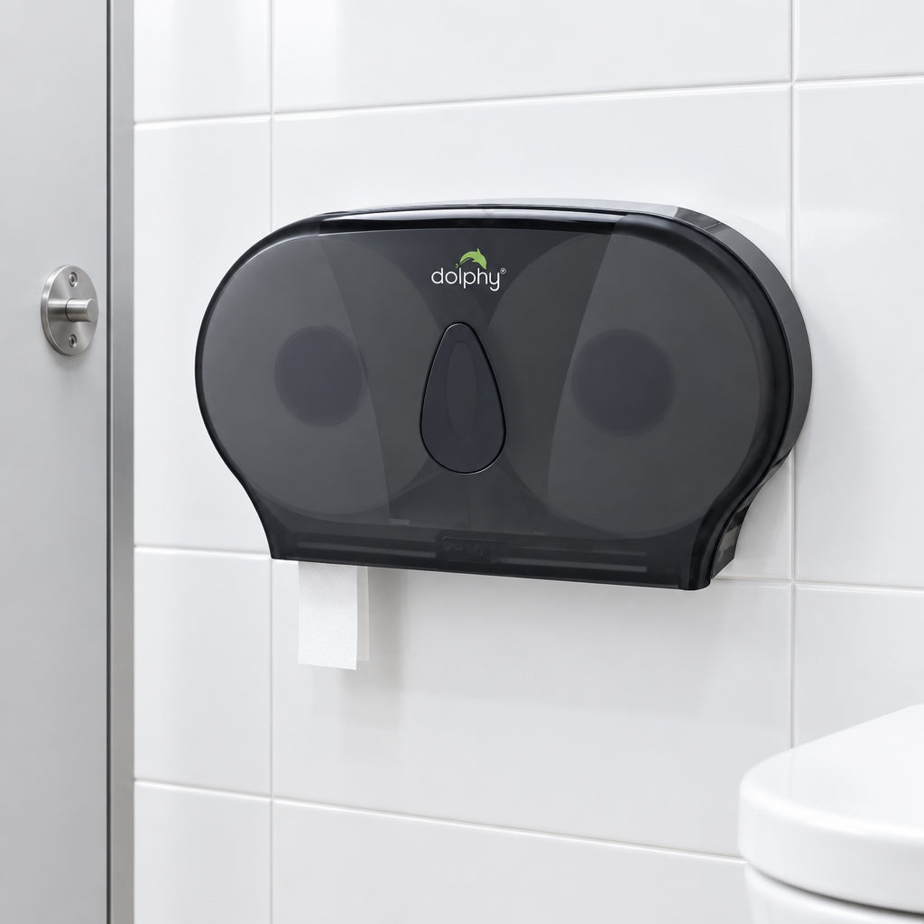 Dolphy twin jumbo toilet roll dispenser, black, in a washroom cubicle