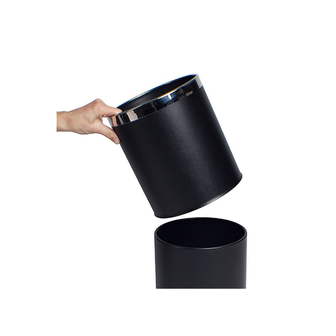 Dolphy Round Leatherette Room Bin 10L – Black Waste Bin with Stainless Steel Rim, Elegant Hotel Room Rubbish Bin, Durable & Stylish Design