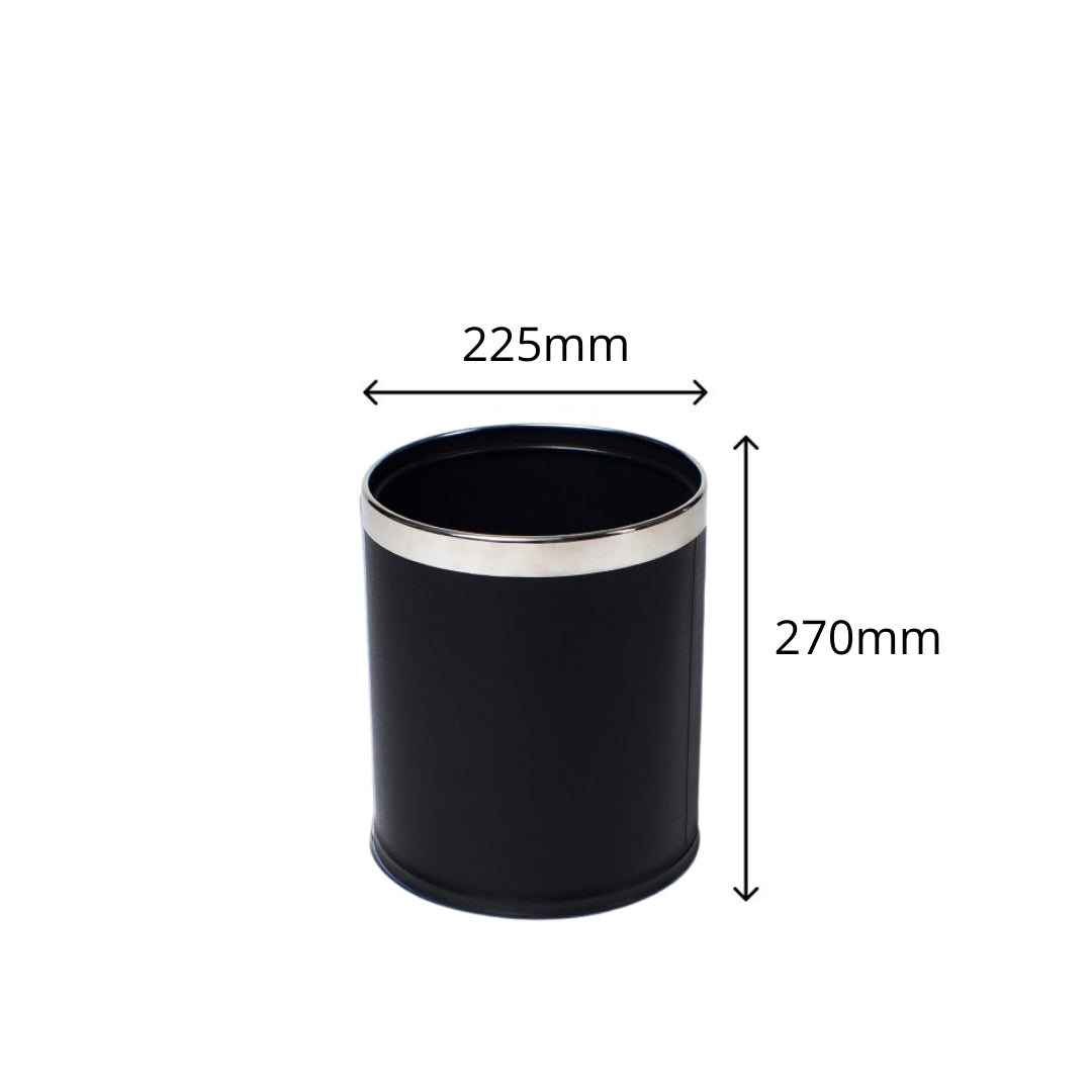 Dolphy Round Leatherette Room Bin 10L – Black Waste Bin with Stainless Steel Rim, Elegant Hotel Room Rubbish Bin, Durable & Stylish Design
