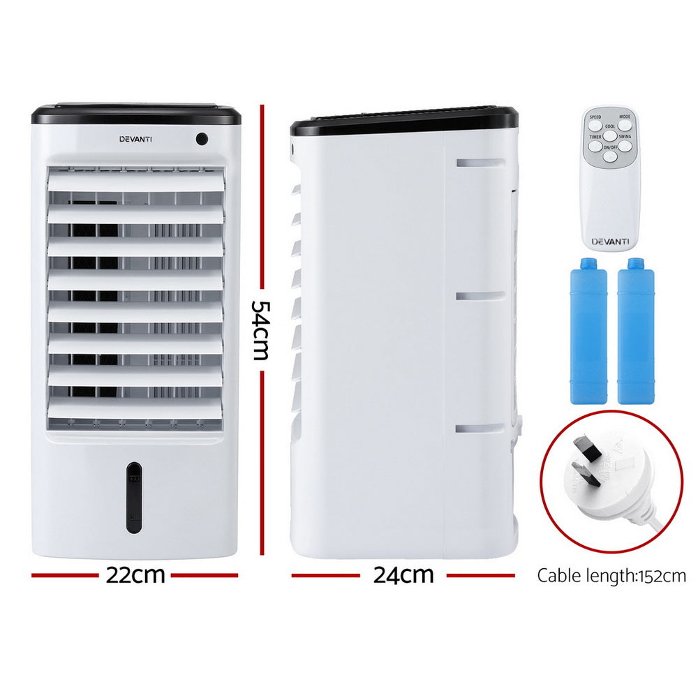 Devanti 4L 3-in-1 evaporative air cooler with remote, white and black