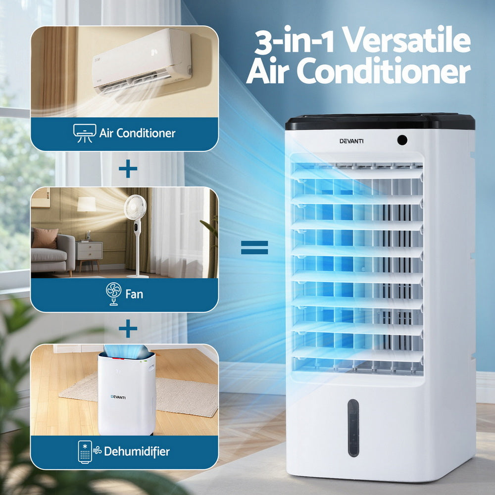 Devanti 4L 3-in-1 evaporative air cooler with remote, white and black