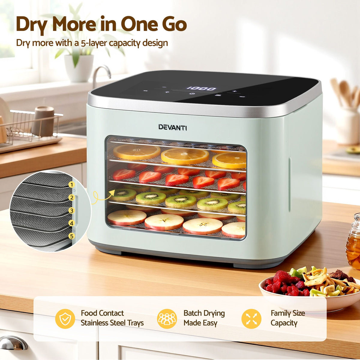 Devanti 5 tray food dehydrator, green
