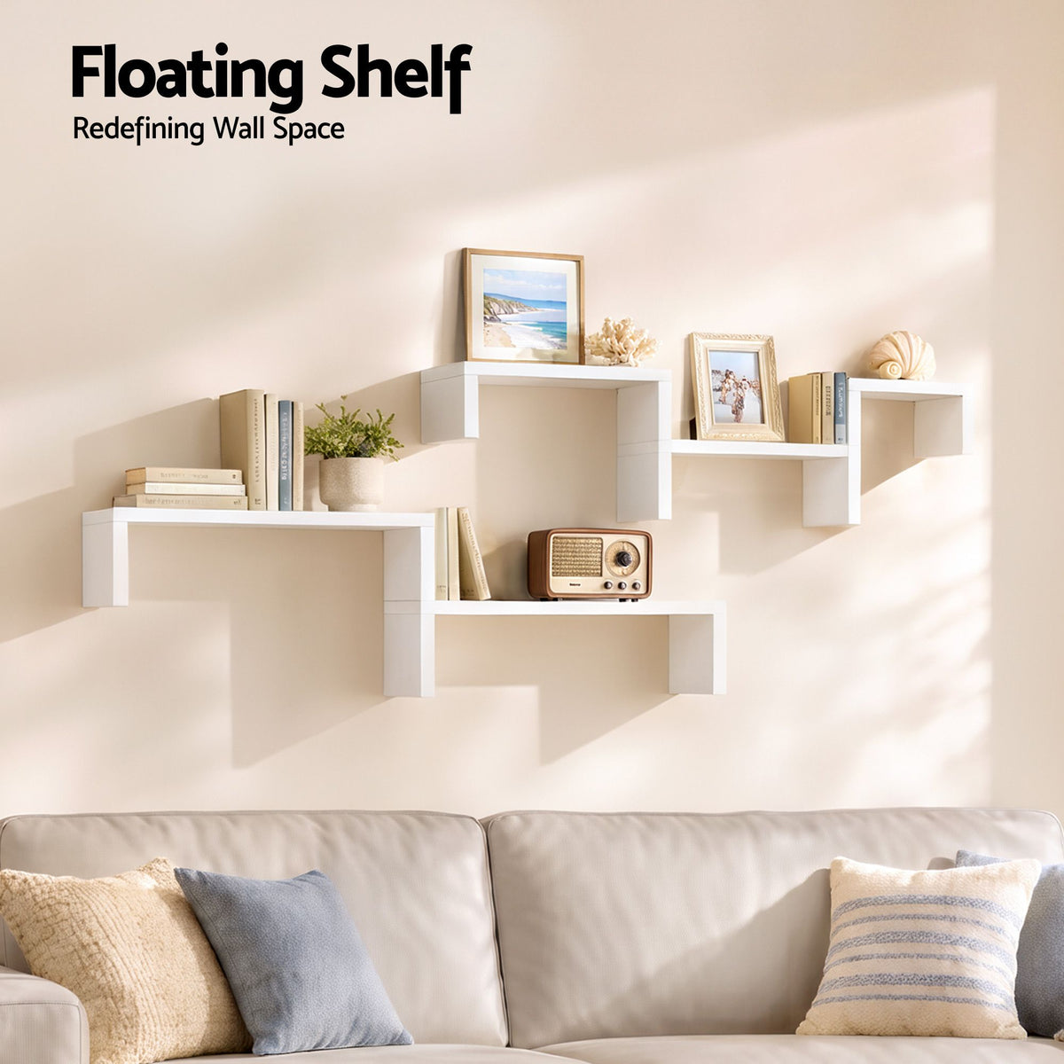 Artiss floating wall shelves set of 5, U-shape display ledge, white