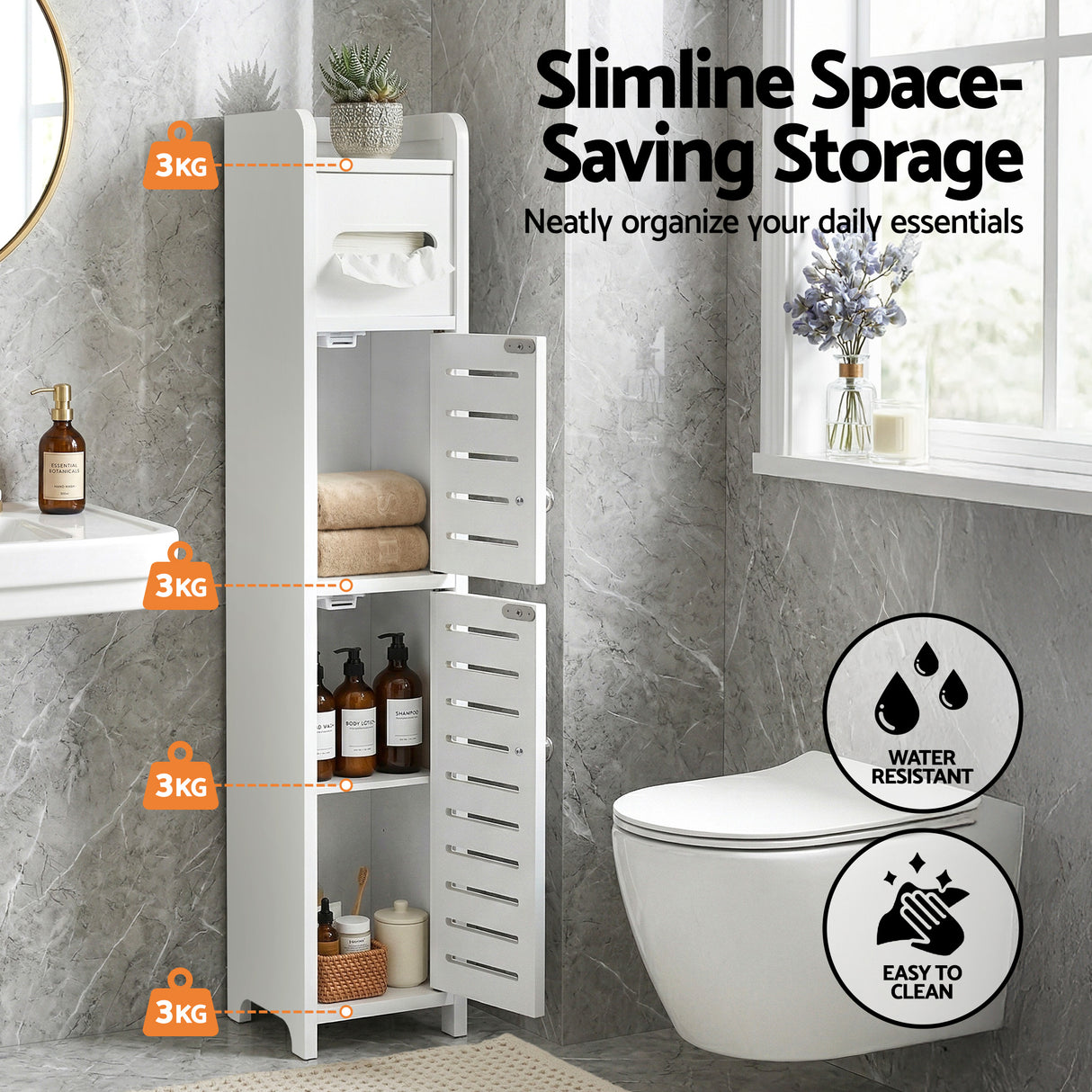 Artiss Bathroom Storage Cabinet 3-Tier Slim Toilet Paper Holder Organizer White