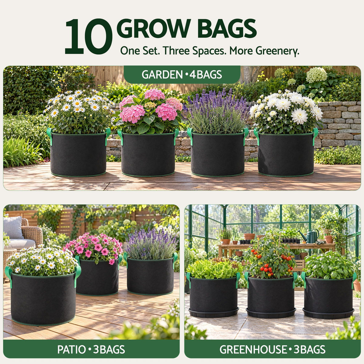 Green Fingers 15 Gallon Grow Bags 300gsm thick Aeration Fabric Pots 10 Pack.