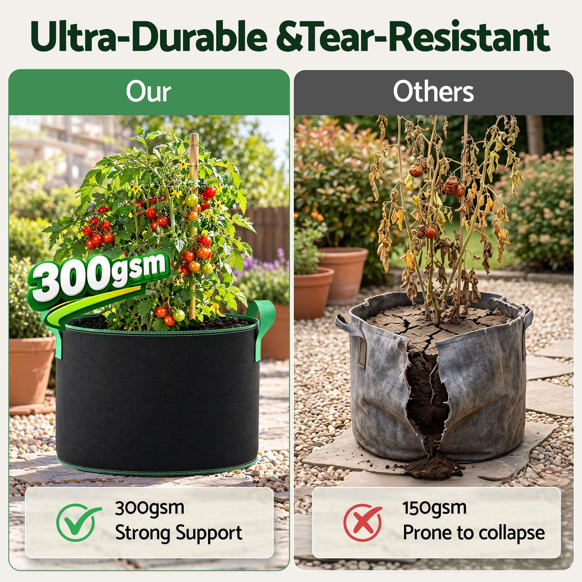 Green Fingers 20 Gallon Grow Bags 300gsm thick Aeration Fabric Pots 10 Pack.