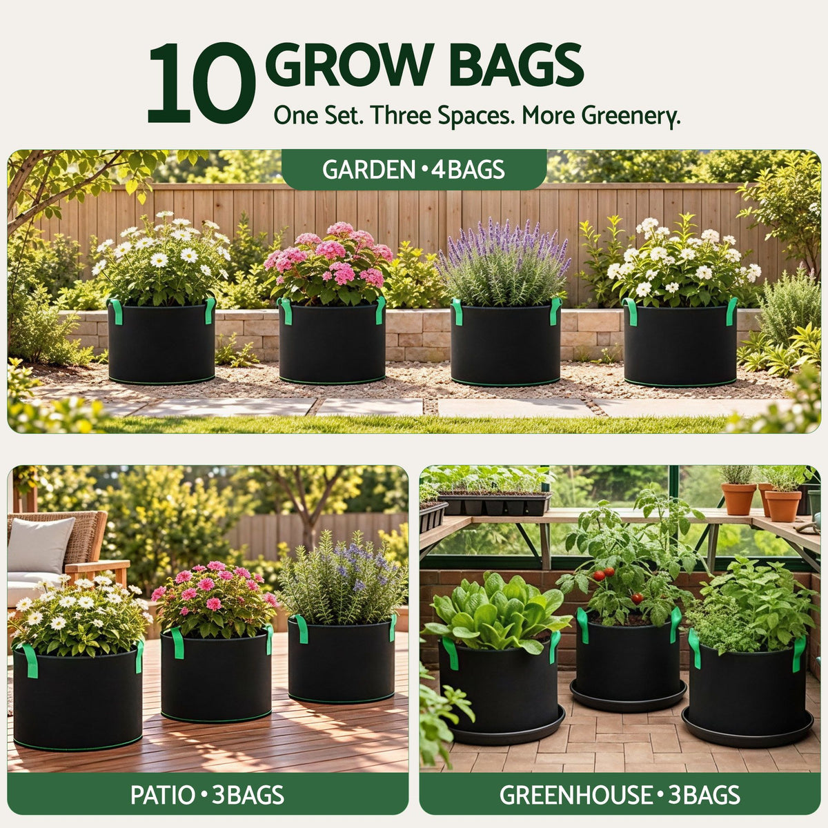 Green Fingers 20 Gallon Grow Bags 300gsm thick Aeration Fabric Pots 10 Pack.