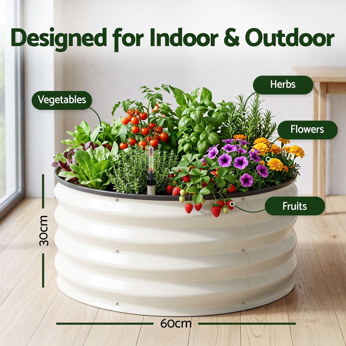 Green Fingers self watering round garden bed, galvanised, 60x60x30cm