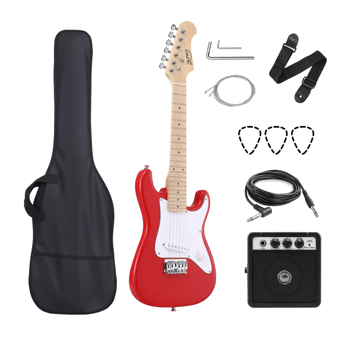 Alpha 30 Inch Junior Electric Guitar Beginner Set with 3W Mini Amp Carry Bag and Accessories Red.