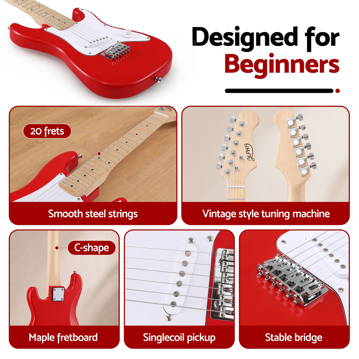 Alpha 30 Inch Junior Electric Guitar Beginner Set with 3W Mini Amp Carry Bag and Accessories Red.