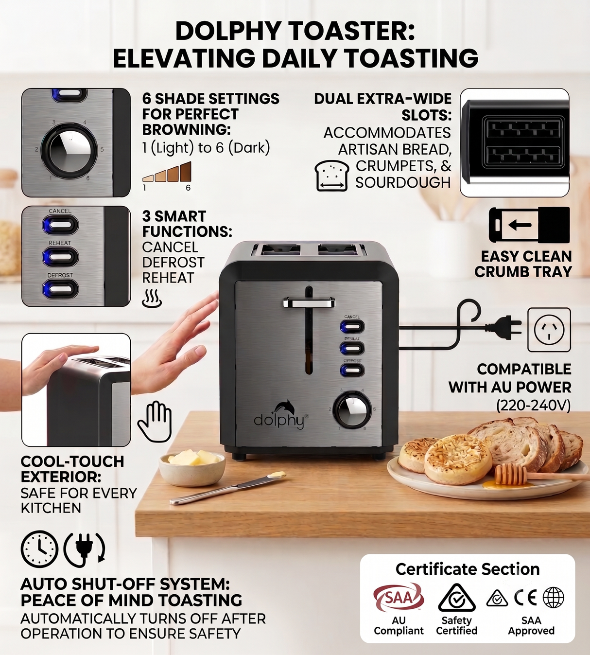 Dolphy Stainless Steel 2 Slice Electric Toaster – Hotel & Home Use