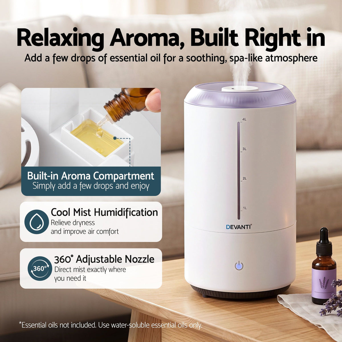 Devanti 4L ultrasonic humidifier and aroma diffuser, white