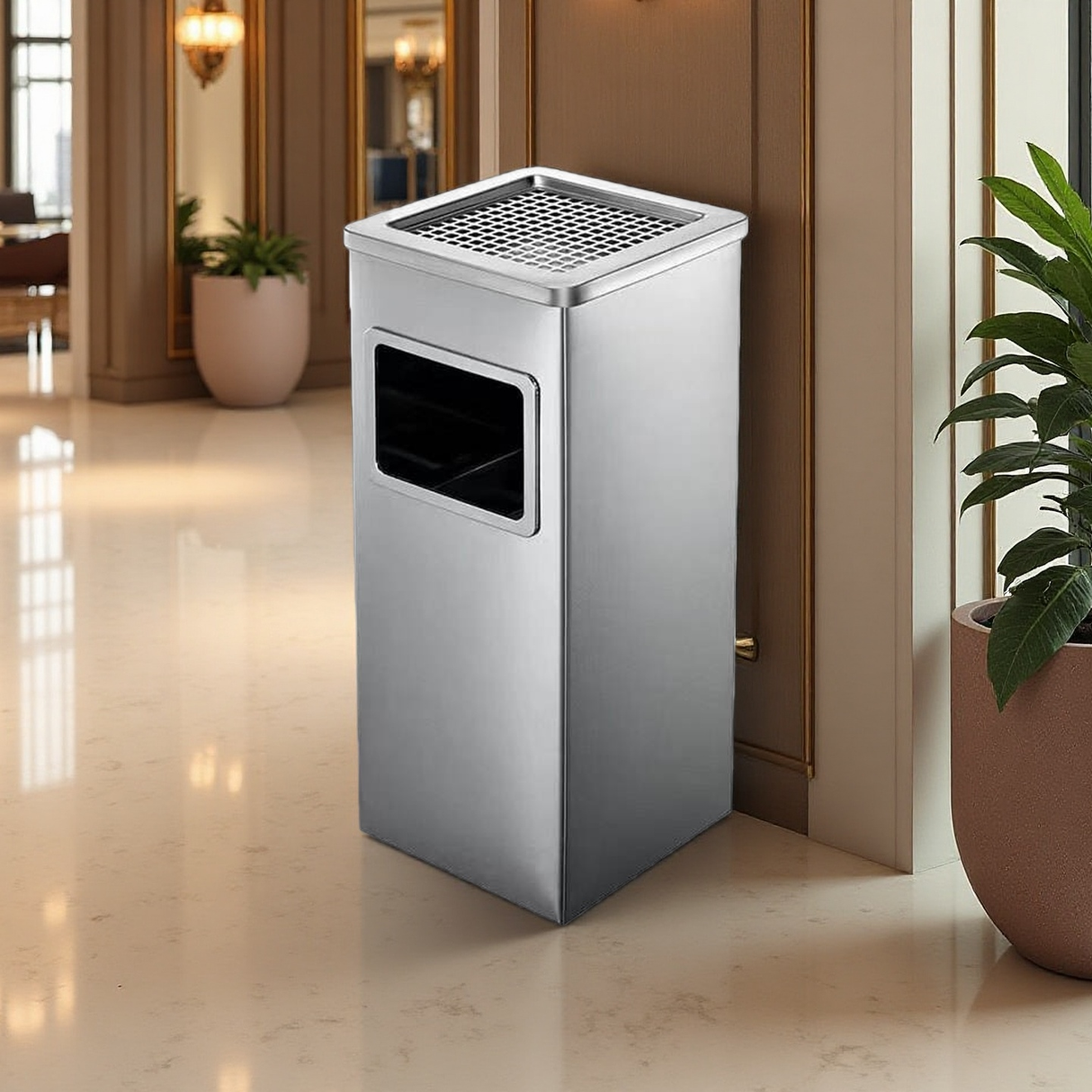 Dolphy Stainless Steel Ashtray Bin 24L – Smoke Extinguishing Trash Can with Removable Galvanized Inner Bucket, Anti-Fingerprint SUS201, Square Design, Silver (DWBN0106)