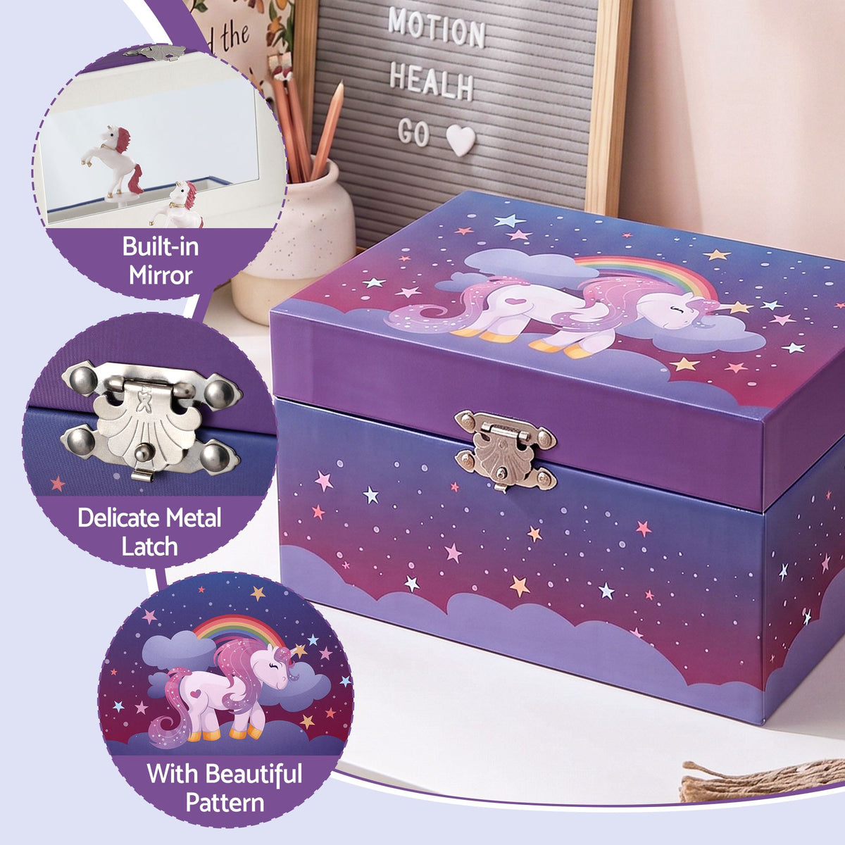 Keezi Kids Jewellery Box Organiser for Girls Kids Music Box Unicorn Purple