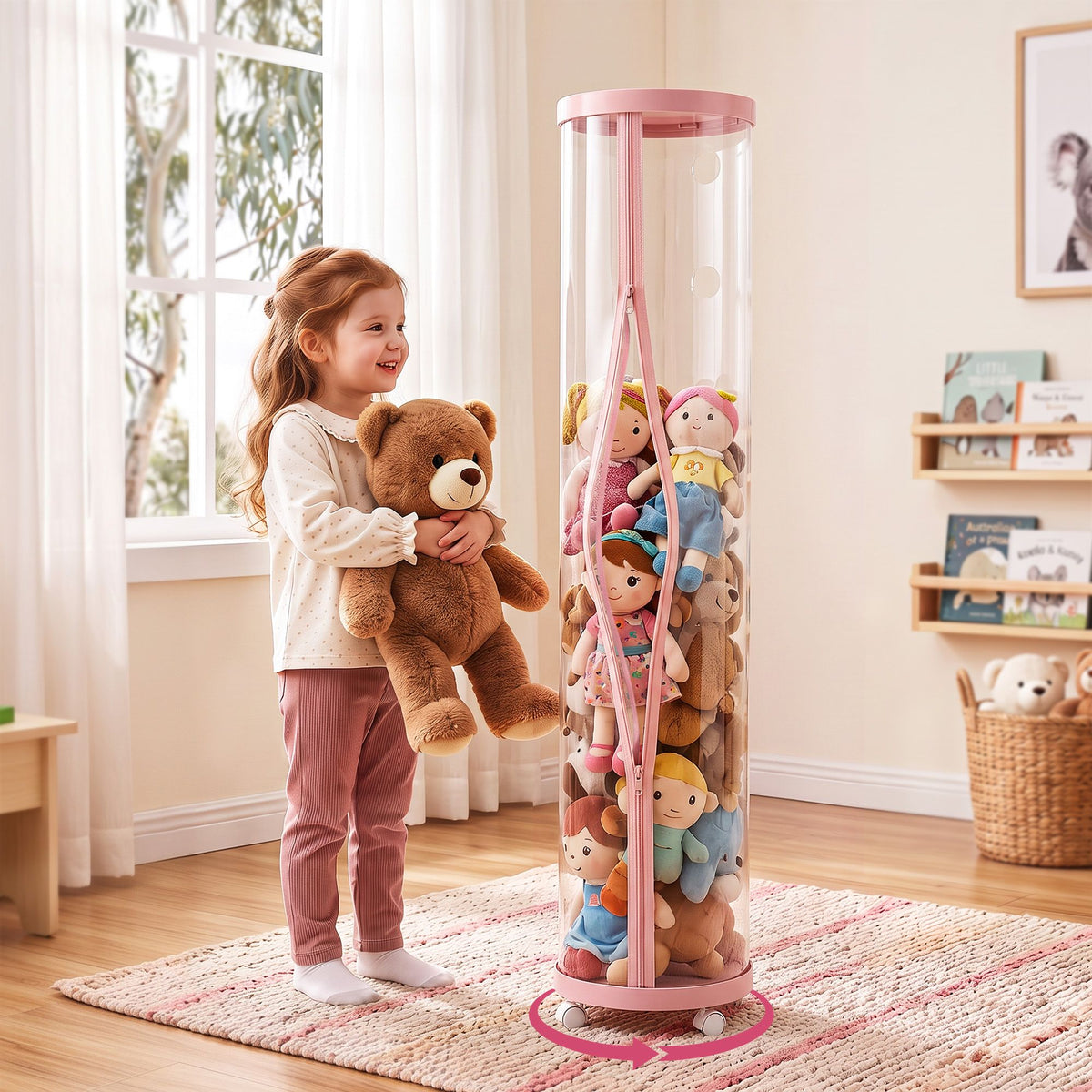 Keezi Stuffed Animal Storage Tube 128cm with Wheels Kids Plush Toy Organiser Pink Transparent Dual Zipper