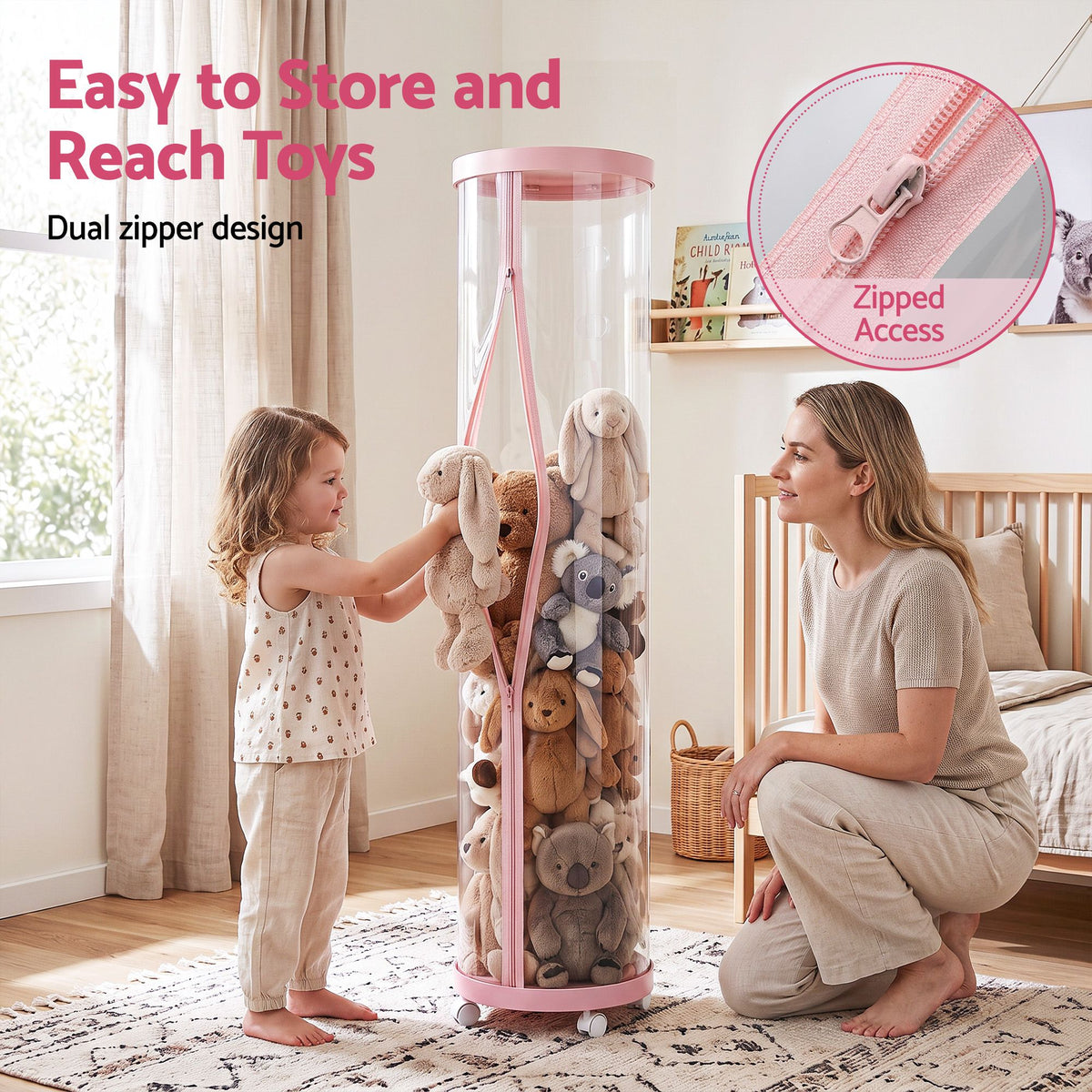 Keezi Stuffed Animal Storage Tube 128cm with Wheels Kids Plush Toy Organiser Pink Transparent Dual Zipper