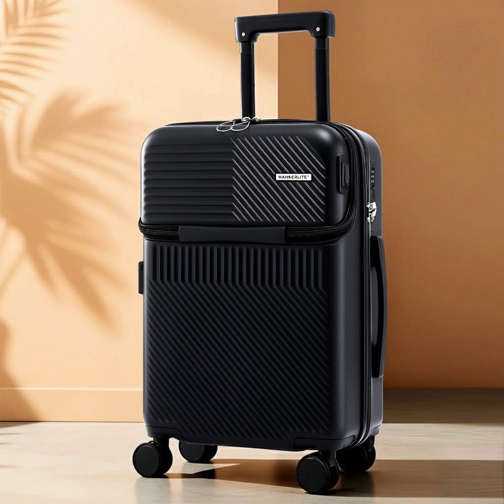 Wanderlite 20" Luggage Suitcase Front Pocket Travel Carry On TSA Black