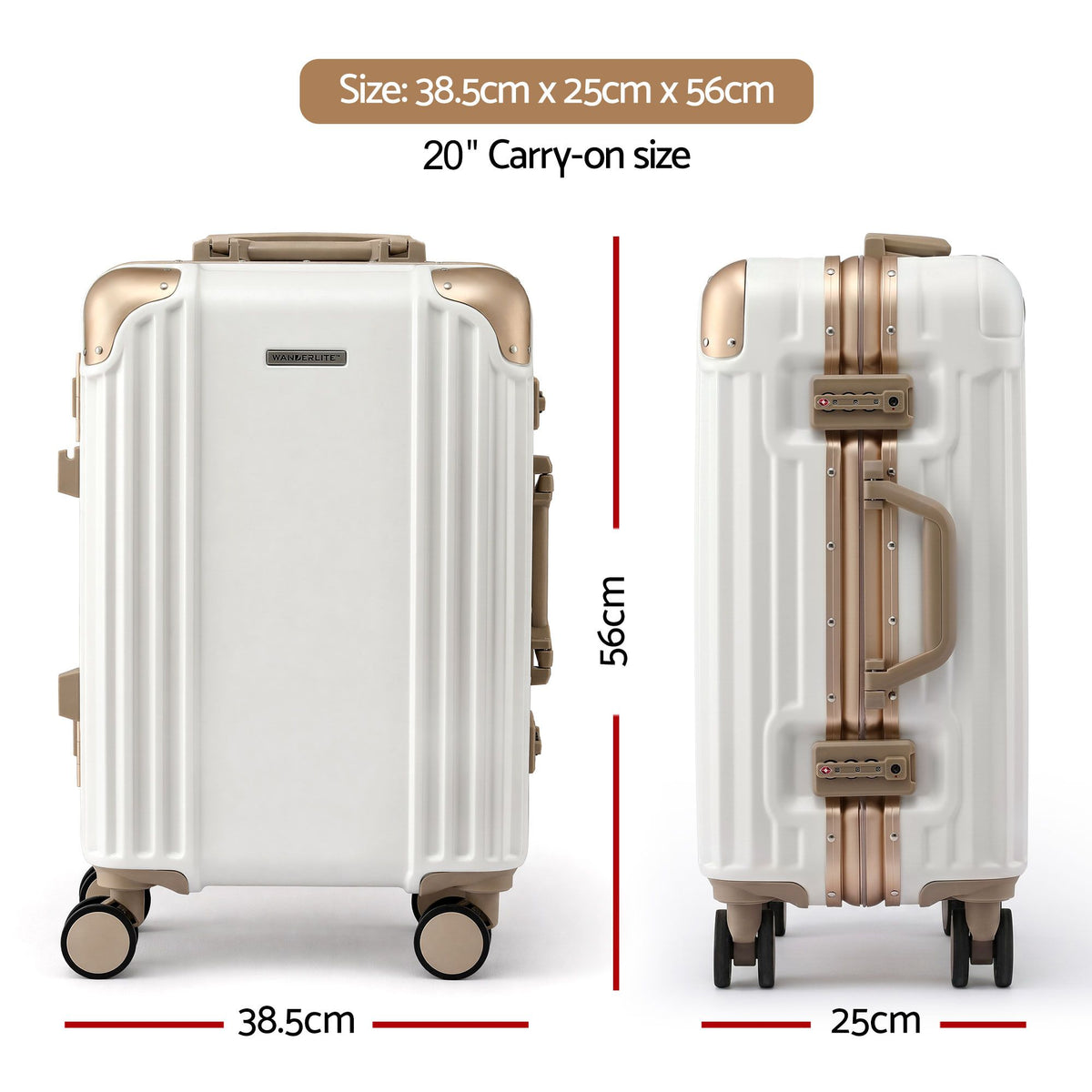 Wanderlite white aluminium lock spinner wheels.