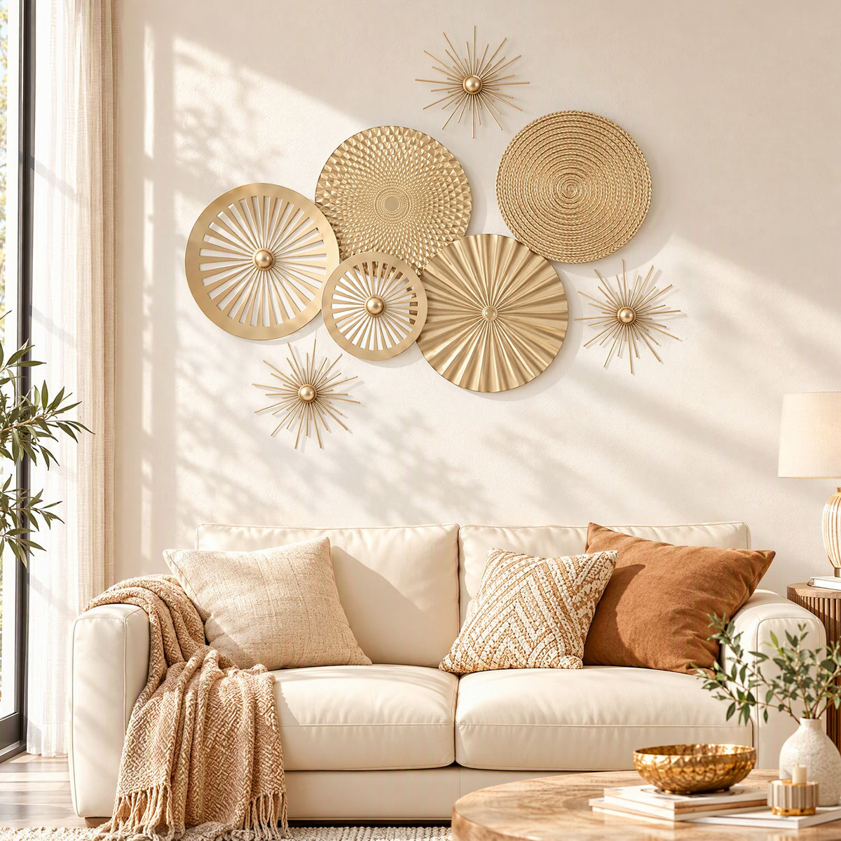 Artiss 8 Pieces Gold Metal Wall Decor Set 3D Starburst Round Disc Sculptures Flexible DIY Layout.