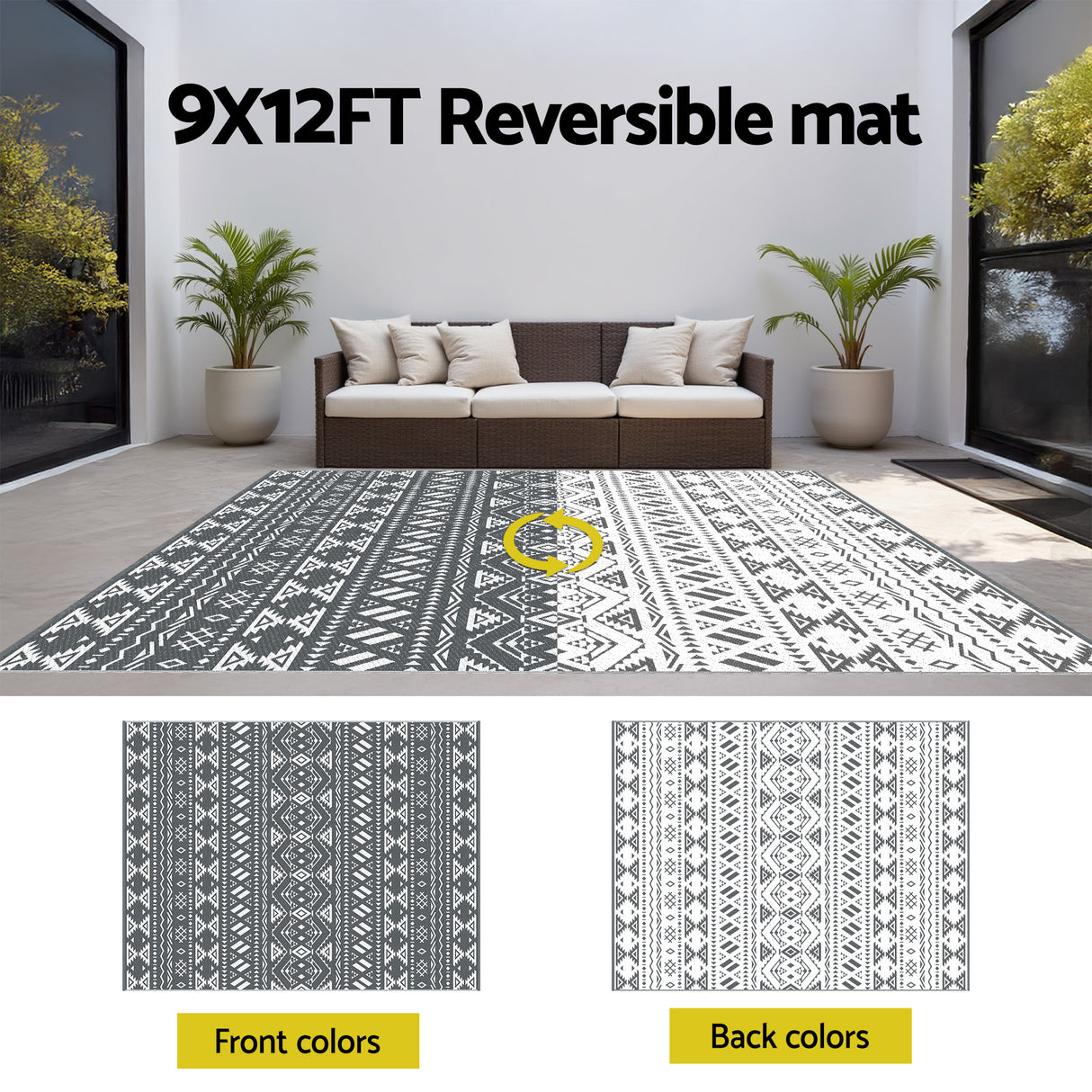 Gardeon Outdoor Rugs 274x366cm Large Carpet Reversible Area Mat PP Dual-Sided Patio Rug Bohemian