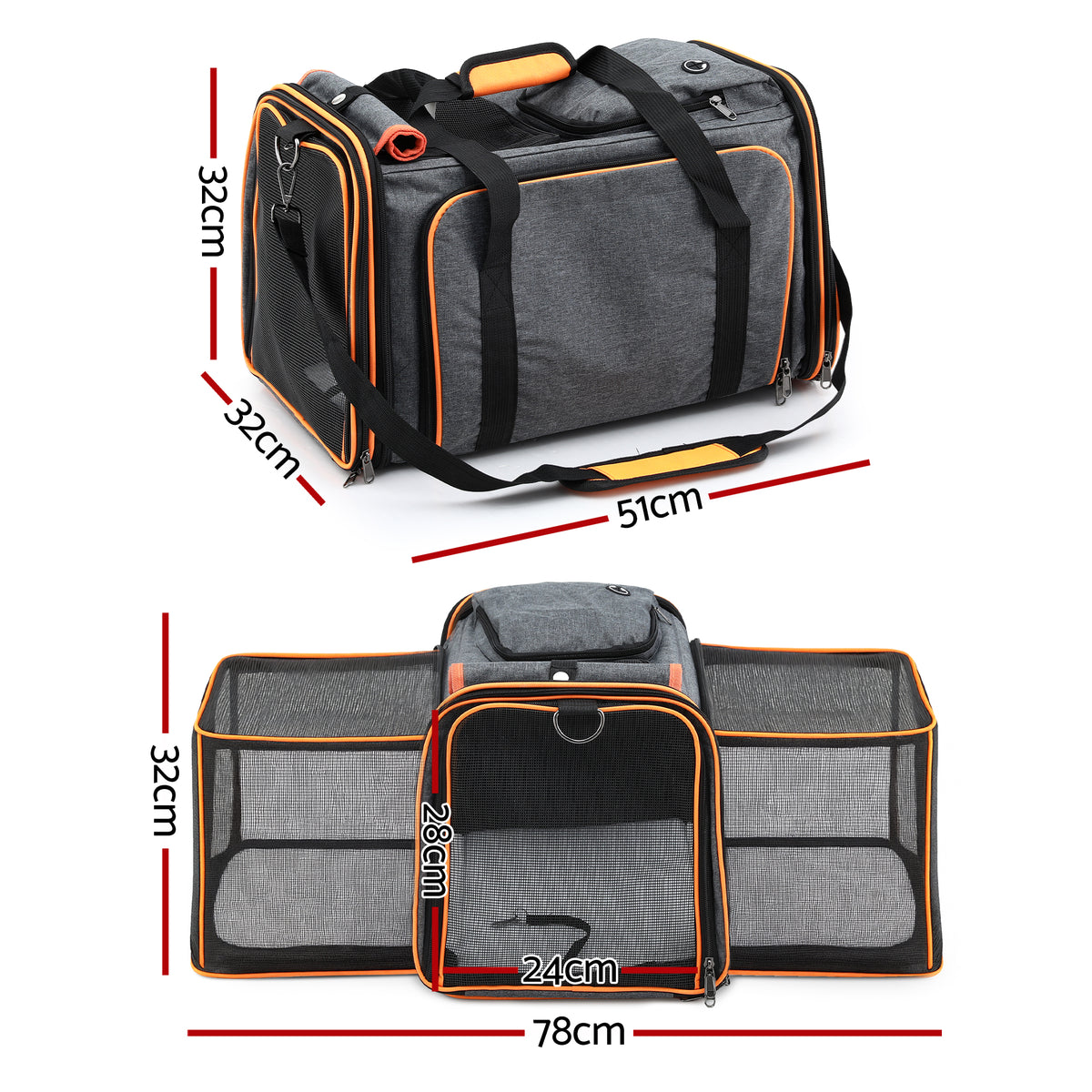 i.Pet expandable pet carrier bag, grey and orange