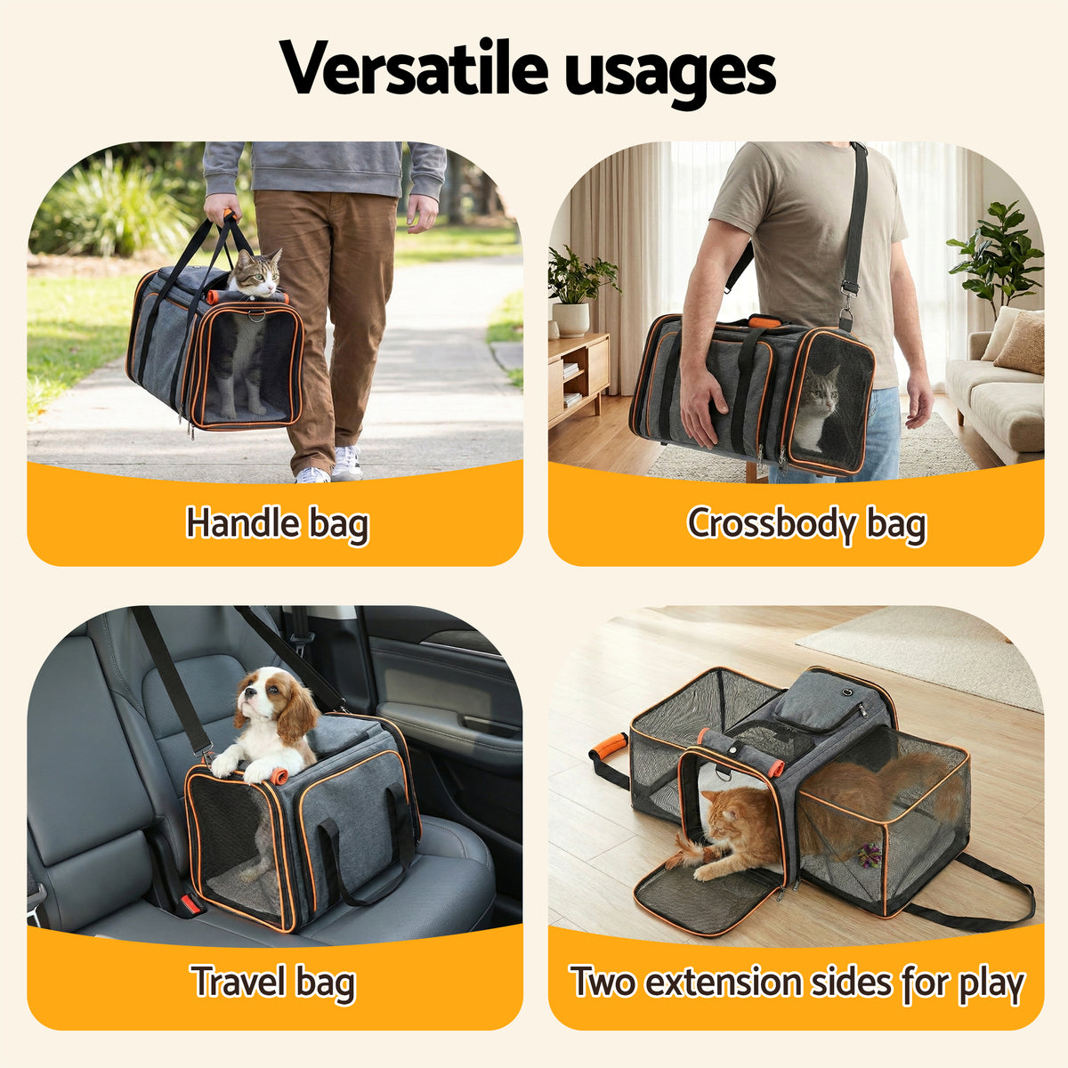 i.Pet expandable pet carrier bag, grey and orange
