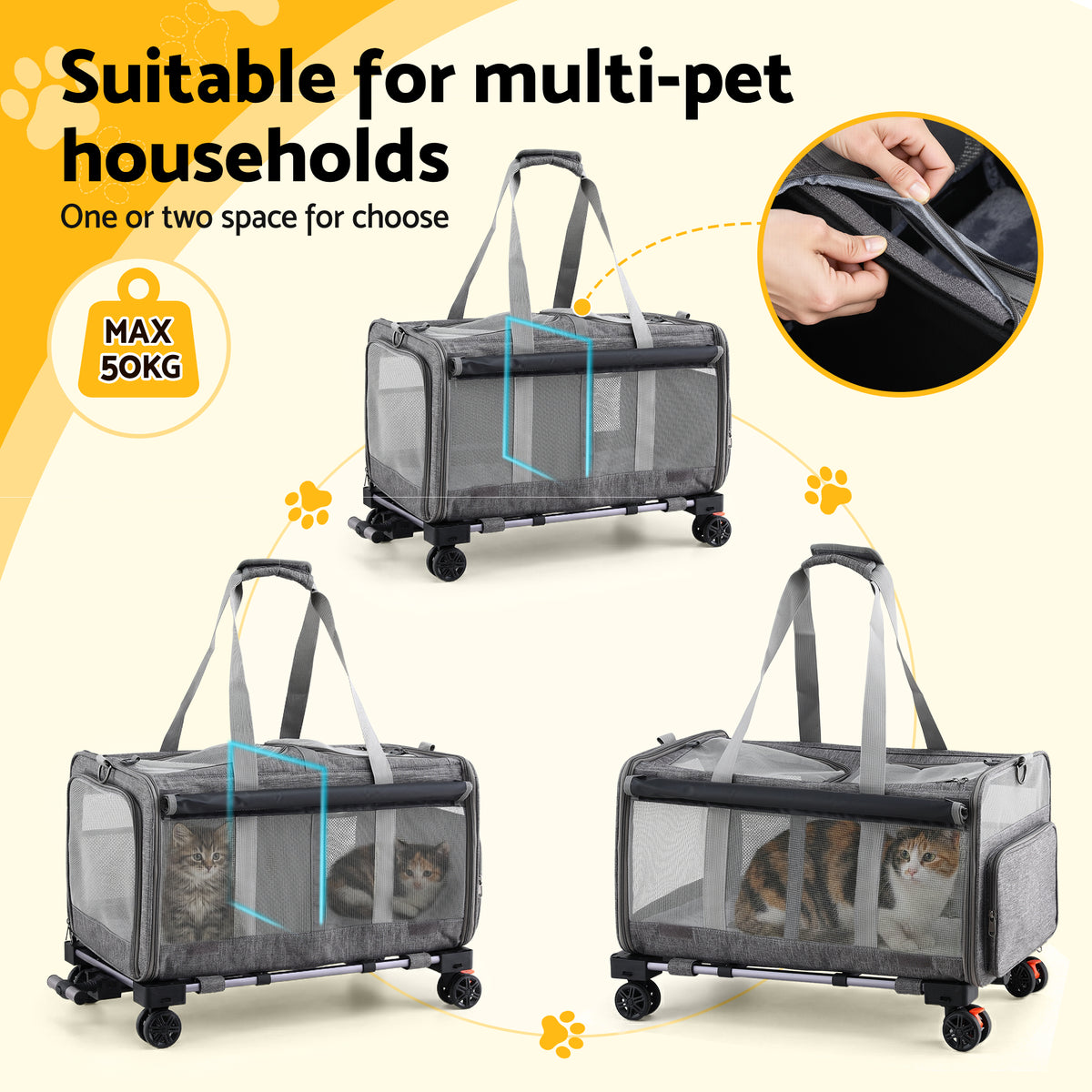 i.Pet wheeled trolley carrier with swivel wheels, grey