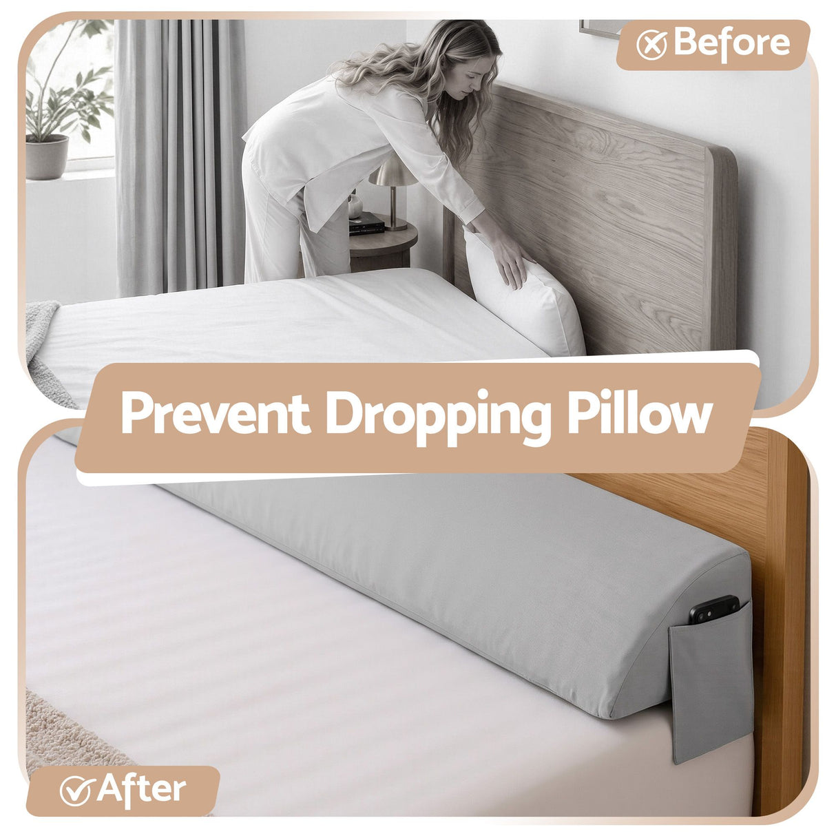 Giselle Queen Bed Wedge Pillow For Headboard, Close Gap And Stop Pillows Sliding, Perfect For Dorm Or Tatami Reading, 25D Foam Mattress Gap Filler With 2 Side Pockets, Washable 110gsm Cover
