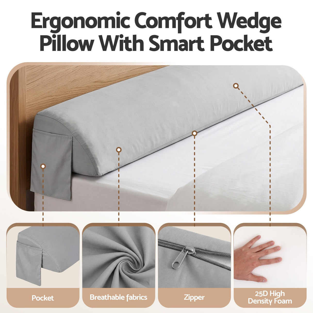 Giselle Queen Bed Wedge Pillow For Headboard, Close Gap And Stop Pillows Sliding, Perfect For Dorm Or Tatami Reading, 25D Foam Mattress Gap Filler With 2 Side Pockets, Washable 110gsm Cover