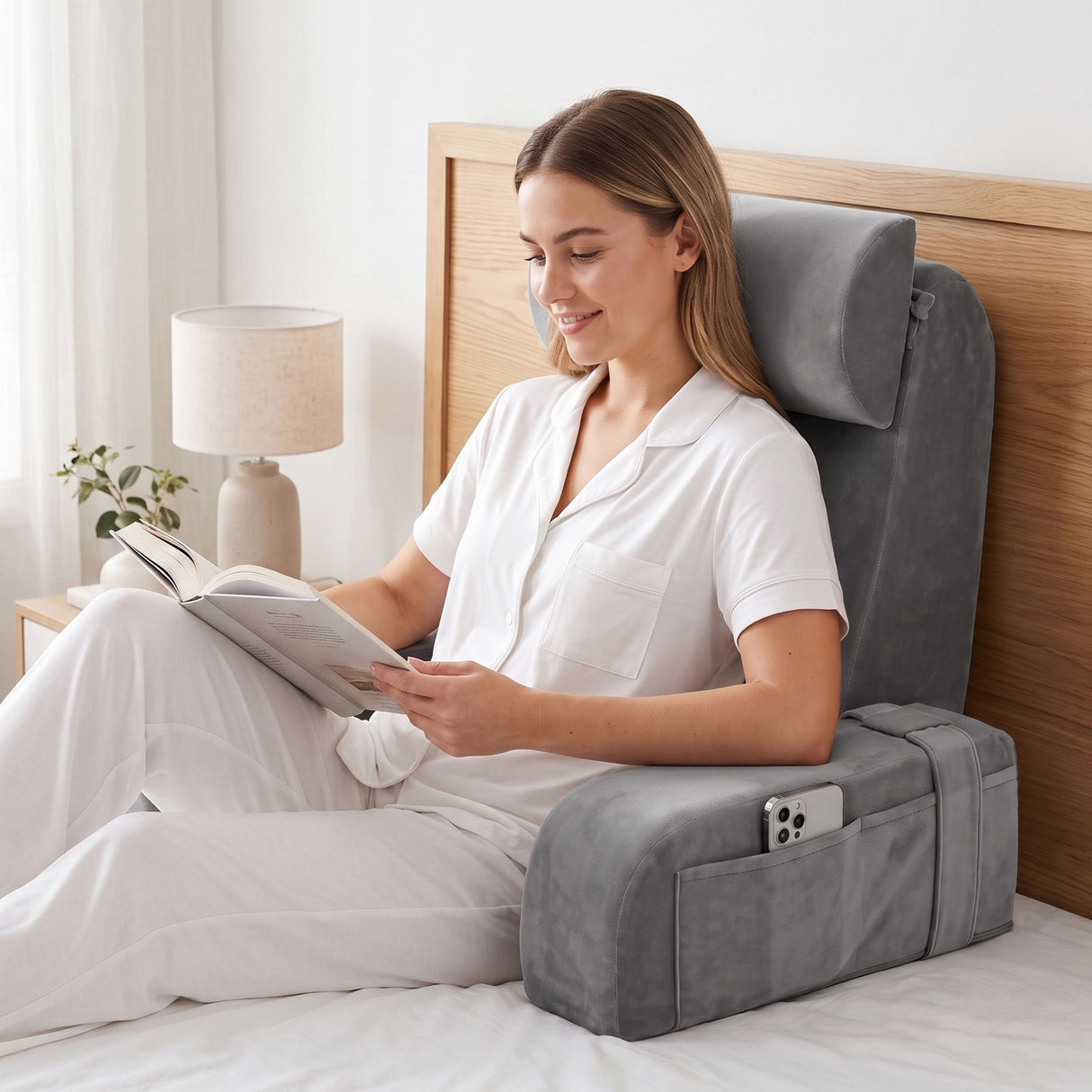 Giselle Reading Pillow For Bed With Non-Sag Solid Memory Foam, Back Pillow For Bed Sitting Up Gaming, Adjustable Neck Roll Detachable Arms And 210gsm Velvet Washable Cover