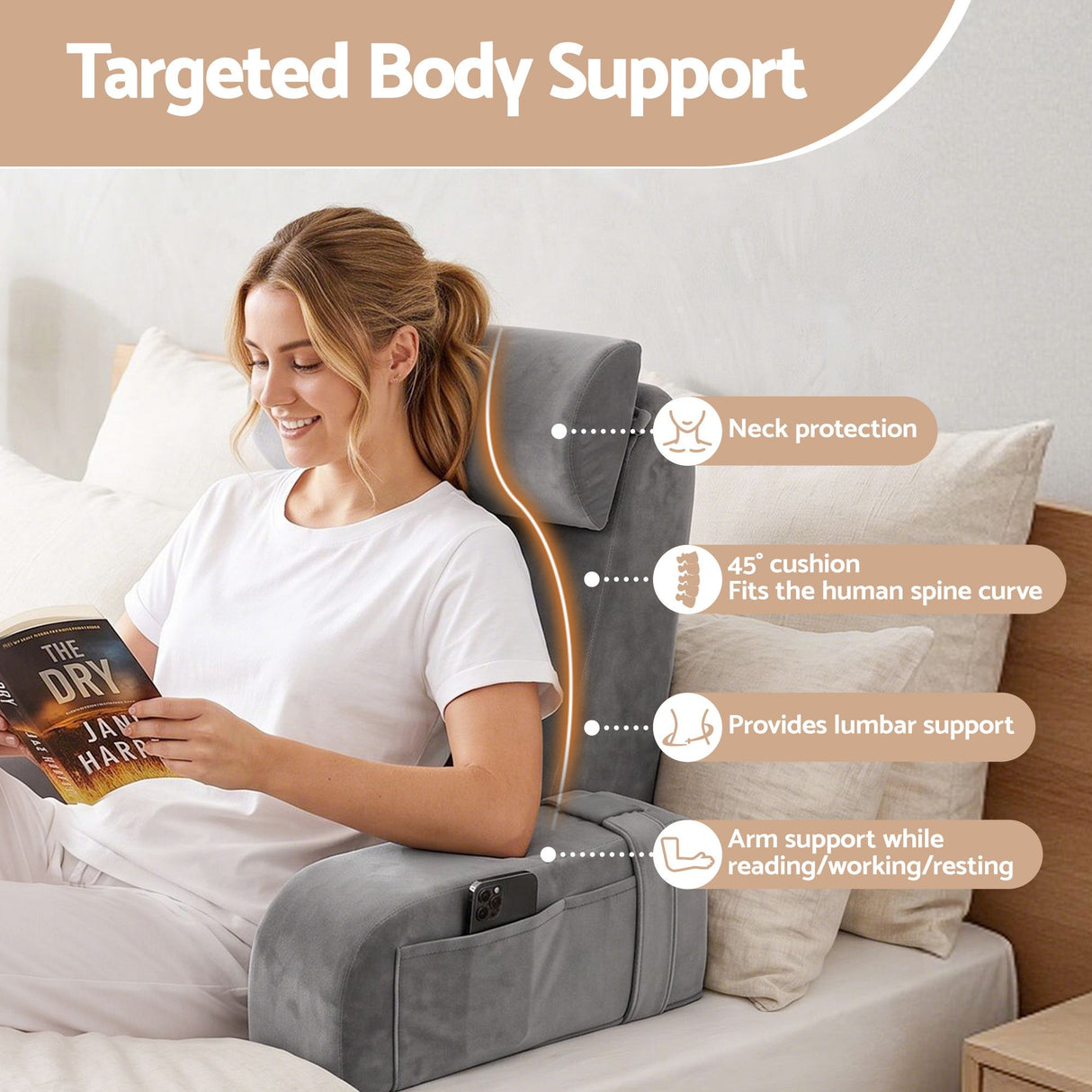 Giselle Reading Pillow For Bed With Non-Sag Solid Memory Foam, Back Pillow For Bed Sitting Up Gaming, Adjustable Neck Roll Detachable Arms And 210gsm Velvet Washable Cover