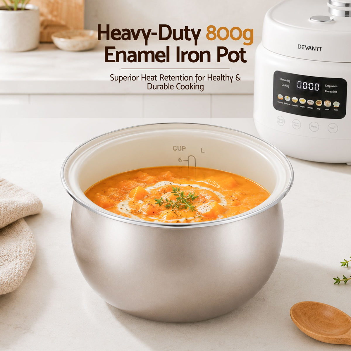 Devanti 3L Rice Cooker Small 6 Cup 8-in-1 Multi Cooker with 24H Preset Off-White