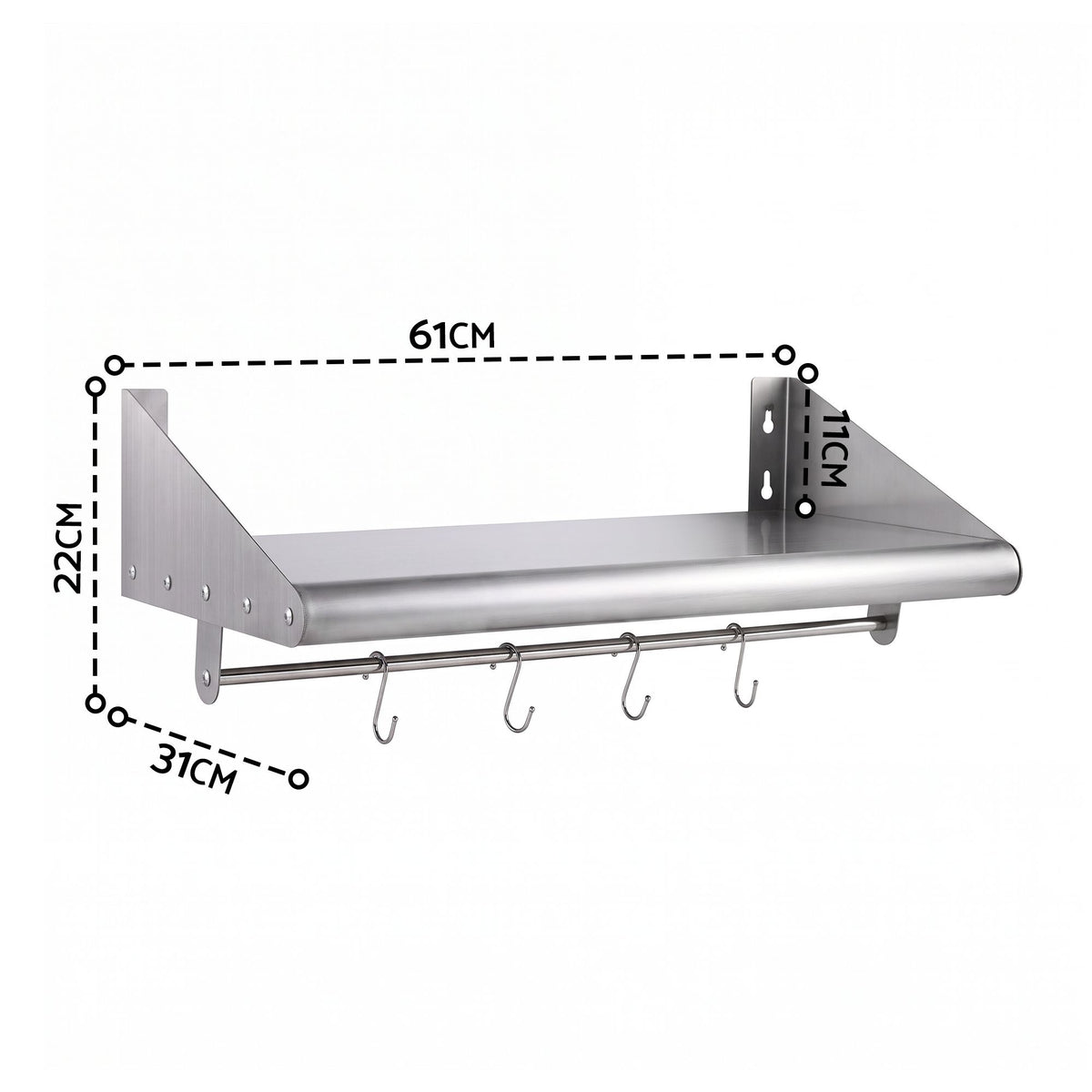 Cefito 610mm 430 Stainless Steel Wall Shelf with Hooks and Side Guards.