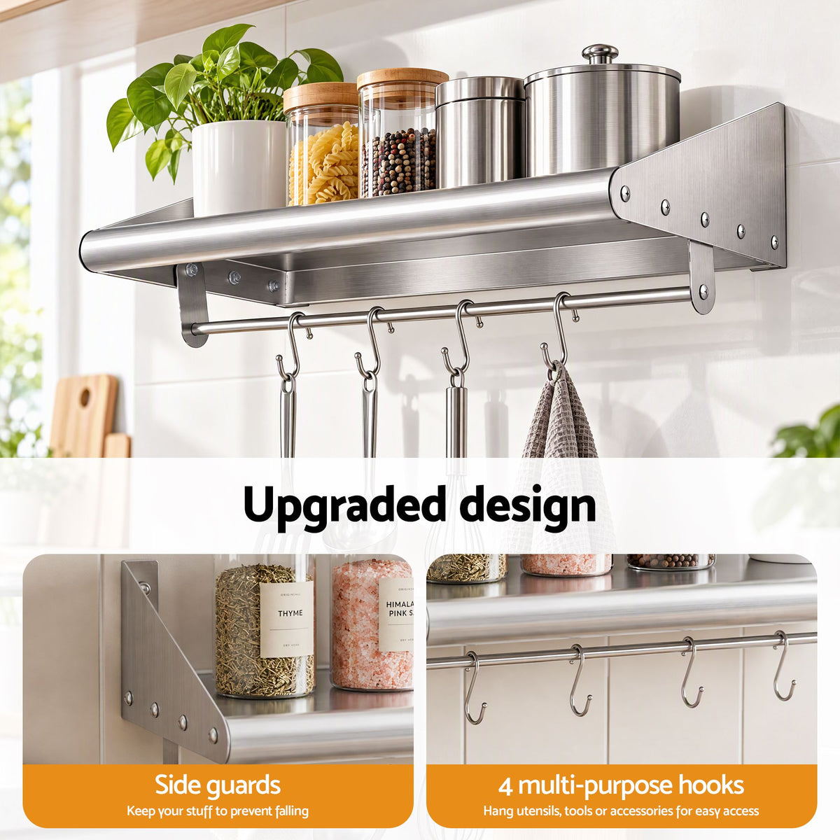 Cefito 610mm 430 Stainless Steel Wall Shelf with Hooks and Side Guards.