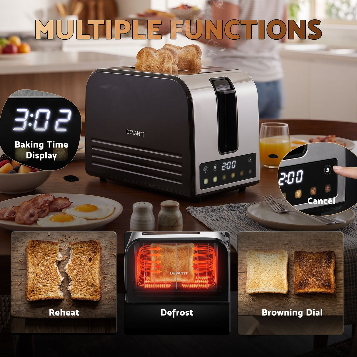Devanti 2-Slice Toaster, LED Display 3.5cm Wide Slots 6 Browning Levels