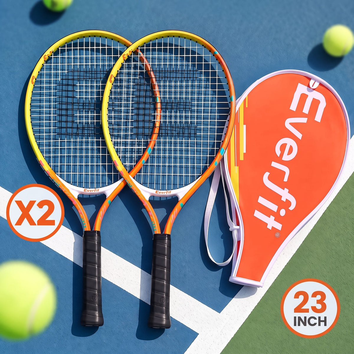 Everfit 23 inch tennis racket set of 2 in orange