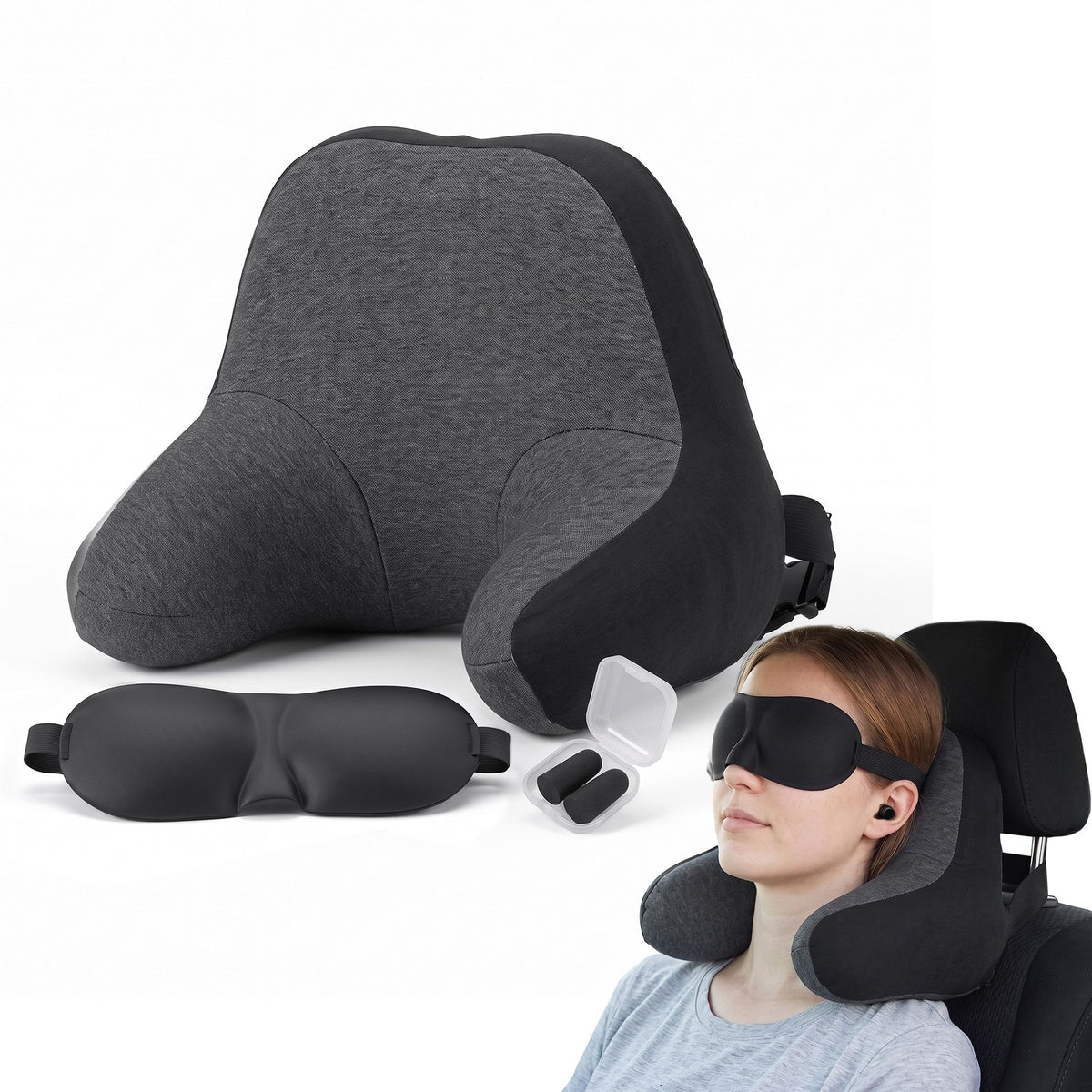 Wanderlite memory foam travel neck pillow with eye mask and earplugs in black