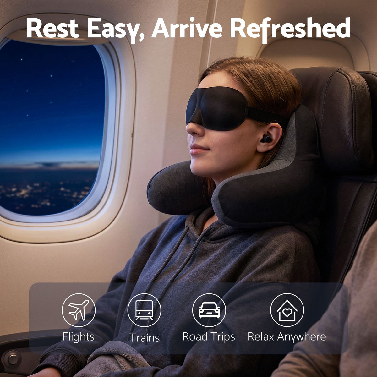 Wanderlite memory foam travel neck pillow with eye mask and earplugs in black