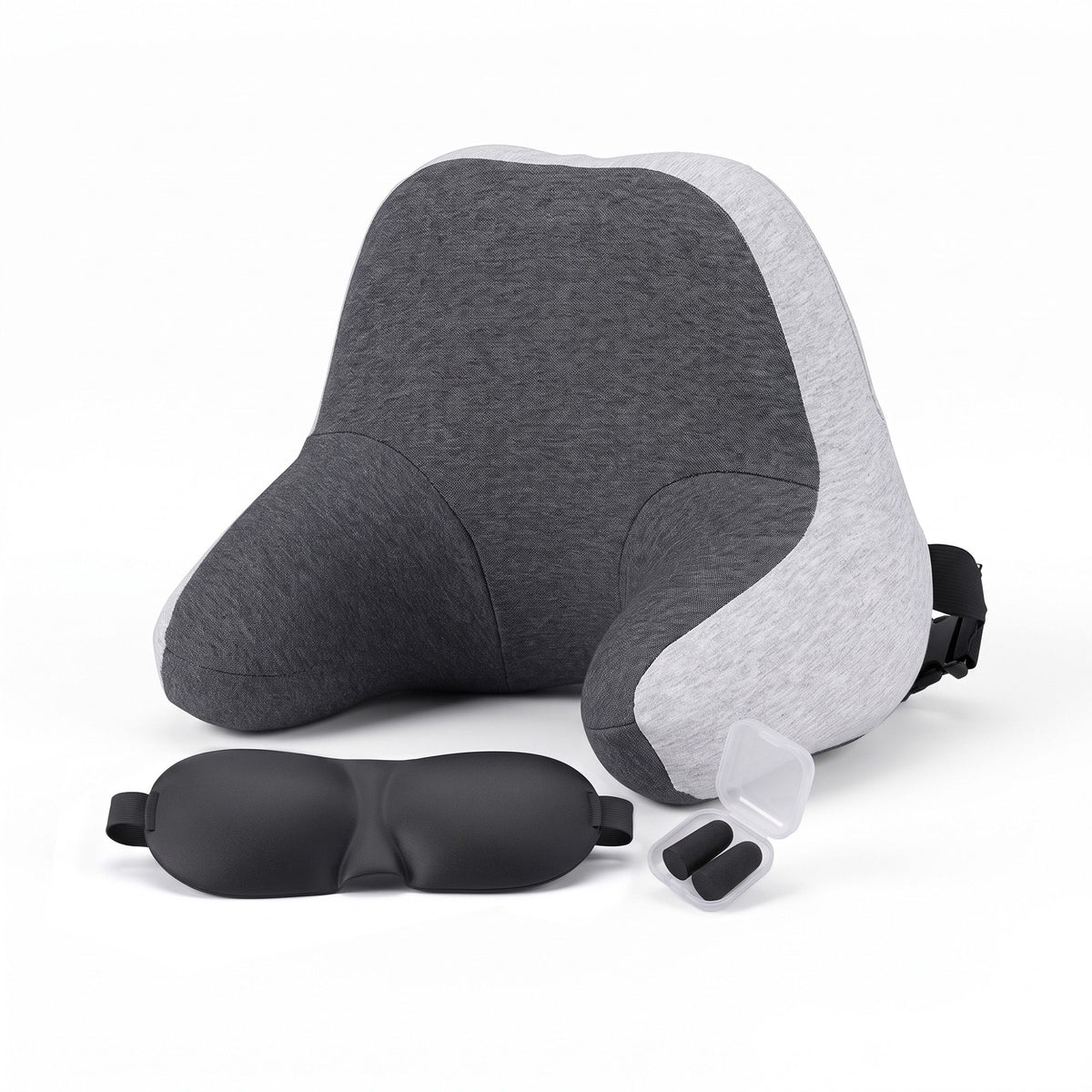 Wanderlite memory foam travel neck pillow with eye mask and earplugs in grey