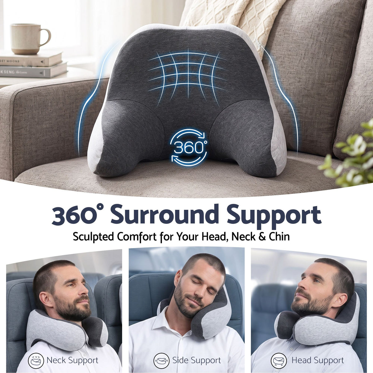 Wanderlite memory foam travel neck pillow with eye mask and earplugs in grey